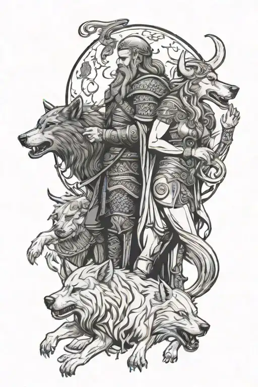 Viking King And Queen With Dire Wolves Howling At The Moon