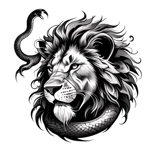 Lion And Snake Combination Tribal Tattoo Black And White