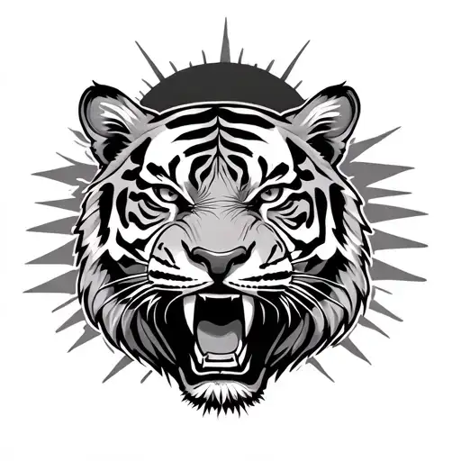 Sleeve With Angry Tiger Face Tree And Sun