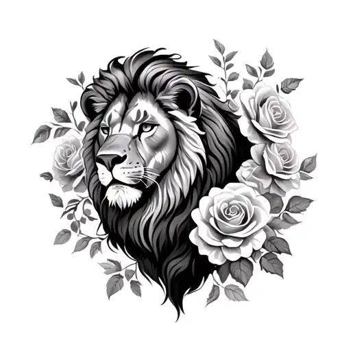 Lion Surrounded By Roses Growing