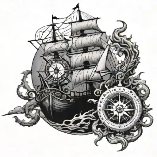 Kracken Wrecking Ship With A Giant Compass And The Word Lost Somewhere Sleeve