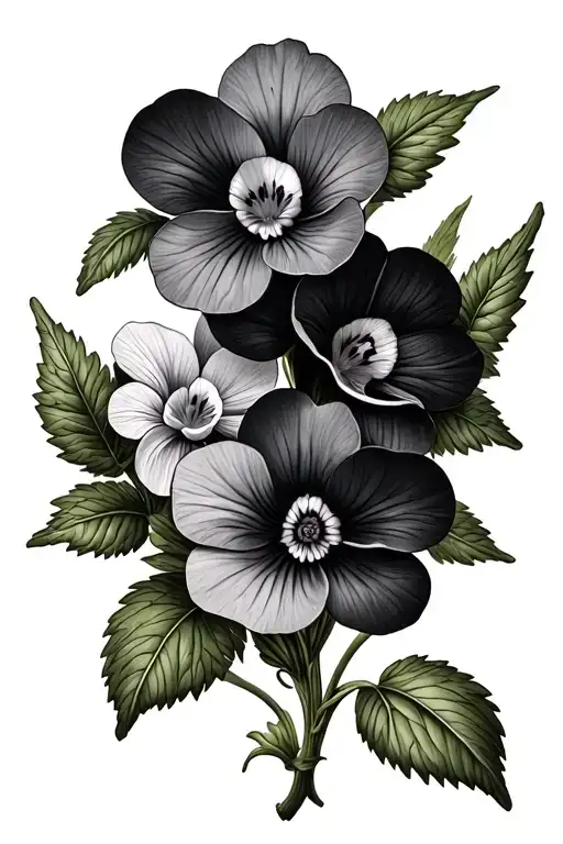 Violets Black And Grey Primrose Flowers Inside With Greenery Narrow