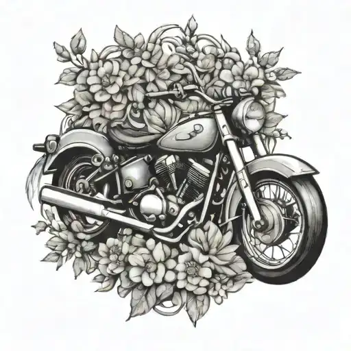 A Black And Grey Tattoo Of A Motorbike Surrounded By A Wreath Of Wild Flowers