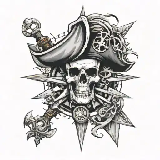 Compass Rose And Pirate Skull Surrounded