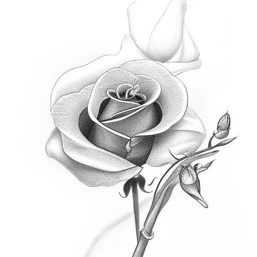A Rose And An Orchid Twined Together Via The Stems And Lashed Together With One Ribbon