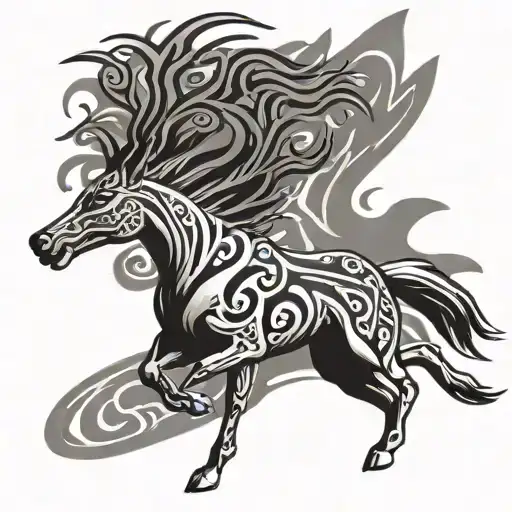 Mustang Gallops Behind A Tribal Coyote