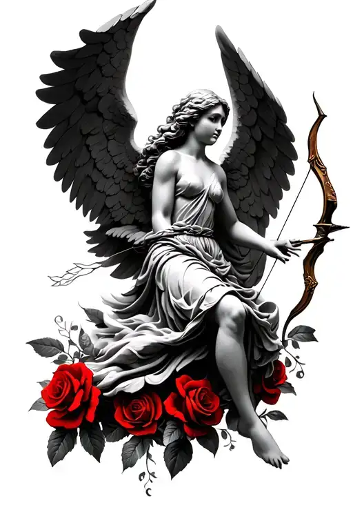 Stone Angel Flying With Bow And Arrow With Red Roses