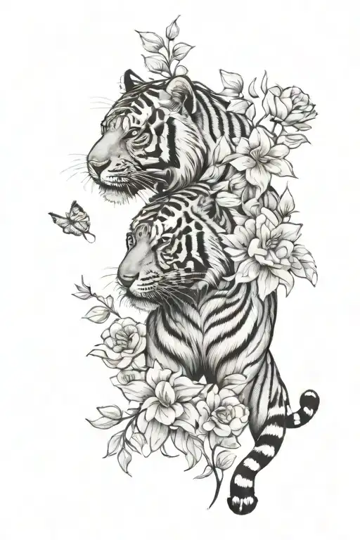 Standing Tiger With Flowers And Petals Falling