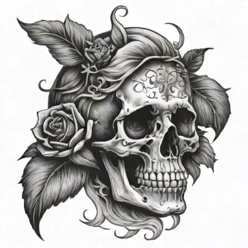 A Motherly Figure With A Skull And Flowers As A Symbol Of Strength And Beauty
