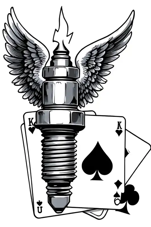 Spark Plug With Angel Wings And Two Playing Cards