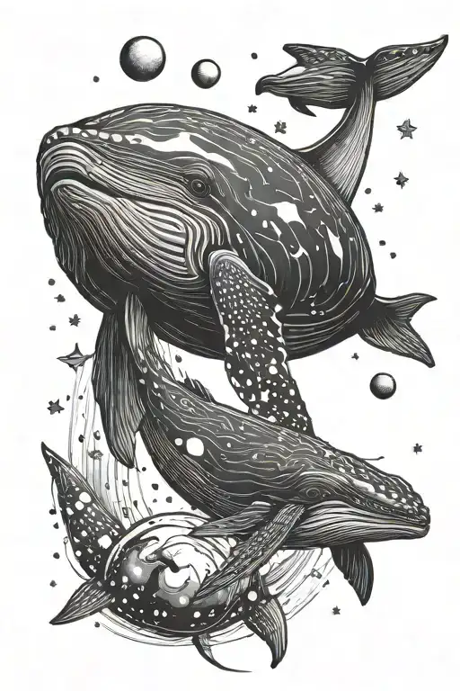 Humpback Whale Mother And Baby With Stars And Planets