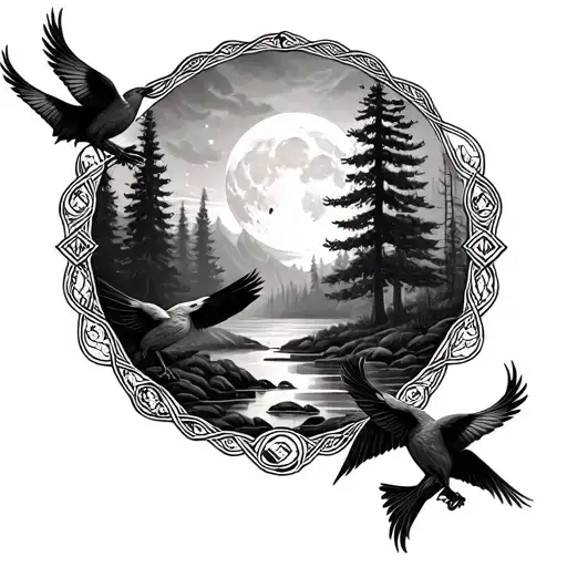 Gaelic Symbols With Birds And The Forest And Moon Surrounded
