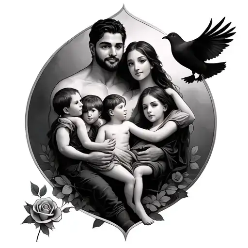 A Dad With 3 Male Children And A Female In His Arms With A Rose And A Dove