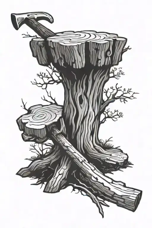 Hickory Tree Stump With A Axe And Chisel Leaning Up Against The Stump