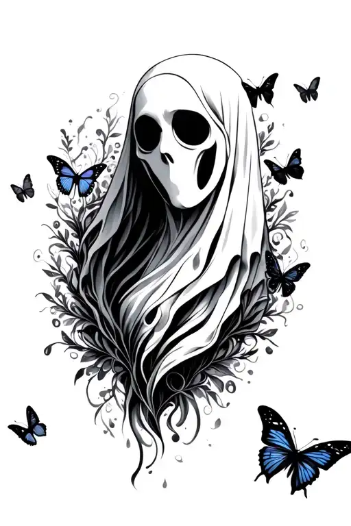 Line Art Ghost Surrounded By Butterflies