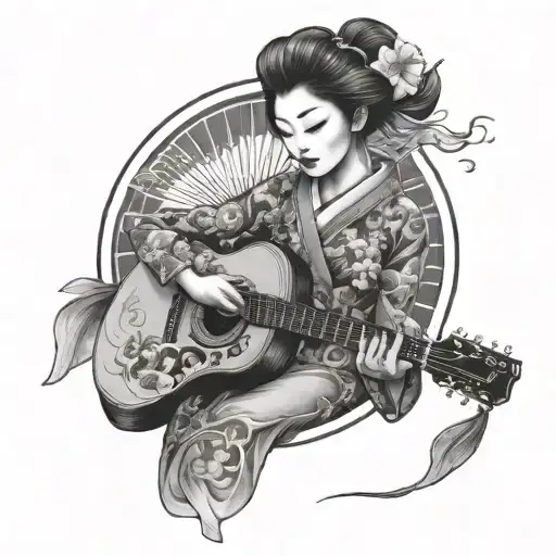 A Japanese Inspired Tattoo Of A Geisha Playing A Guitar