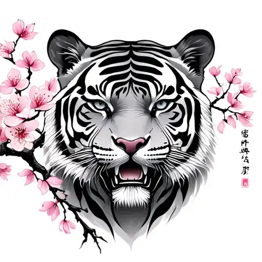 Asian Tiger Tattoo With Cherry Blossom Tree
