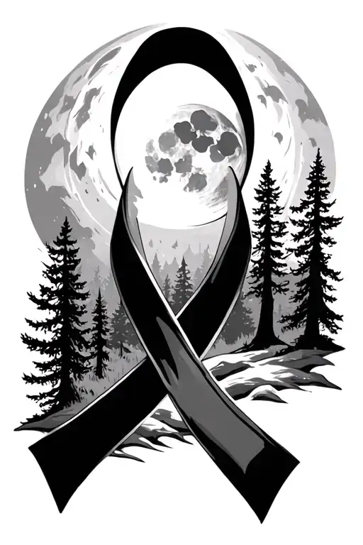 Cancer Ribbon Symbolizing Transformation Into Moonlight Over The Woods With A Moon