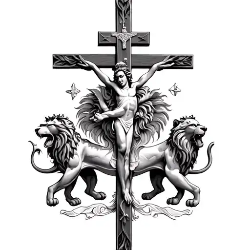 Crusifix In Middle Then A Little Bit Of Space With Two Rampant Lions On Each Side