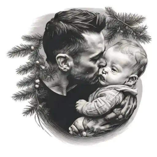 A Man Kissing A Baby In Front Of A Christmas Tree