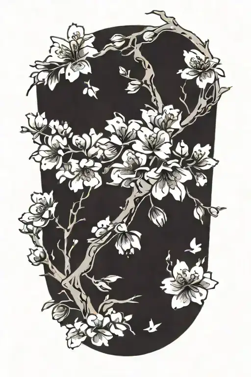Cherry Blossoms Cascading Down In A Black-grey Design With Anime Symbols