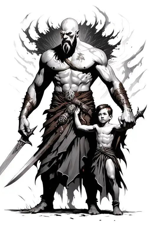 Kratos From God Of War With His Son Atreas And His Blades Of Chaos