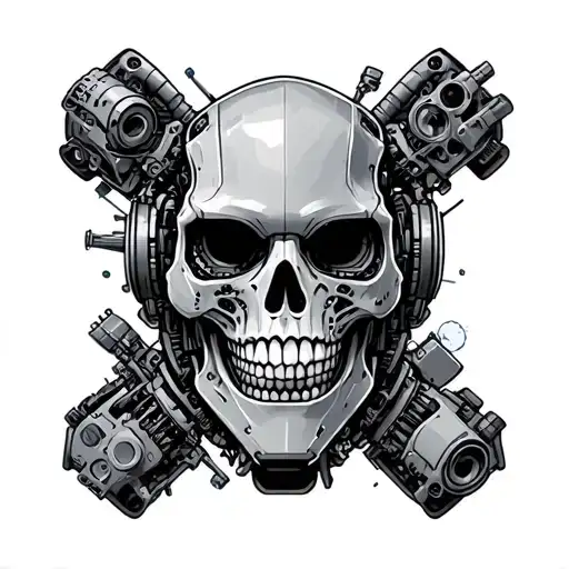 Evil Looking Robot Skull Surrounded By Spare Parts