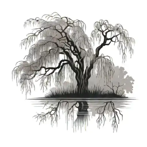 Weeping Willow Tree In Country Landscape