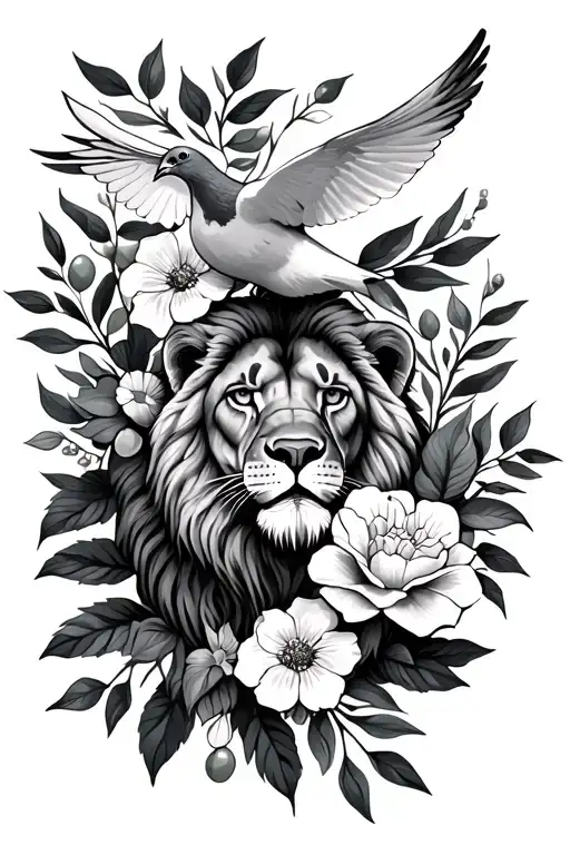 Floral Sleeve Featuring Olive Branches And A Dove And A Lion And