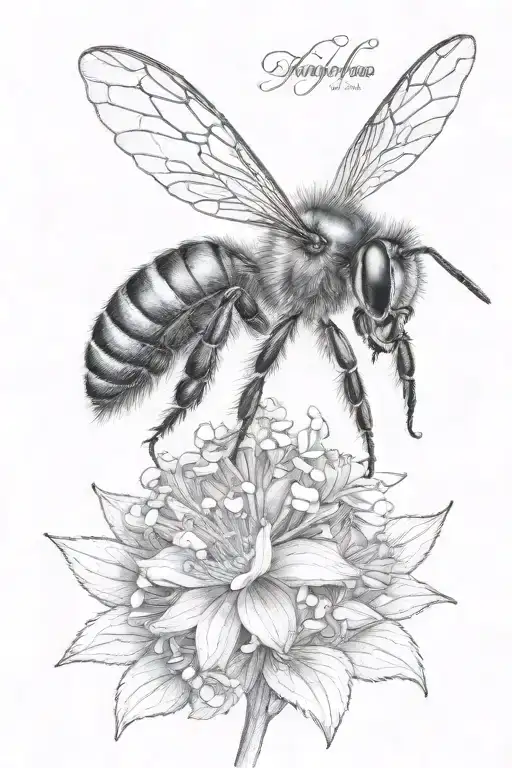 A Black And Grey Realistic Depiction Of A Honey Bee Pollinating A Hydrangea