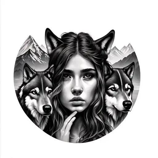 Realism Style Tattoo Featuring A Women Half Her Face Covered And A Group Of Wolves With Mountains