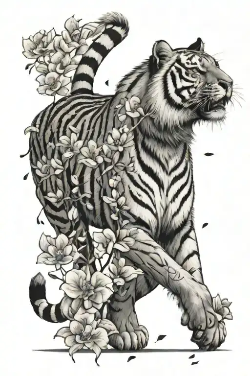 Full Body Tiger Walking With Flowers And Petals Falling