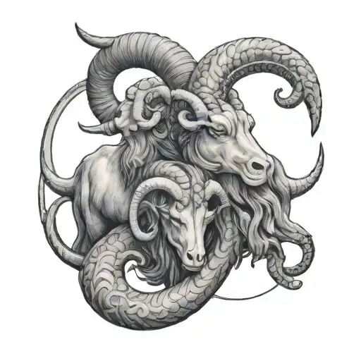 Celestial Close Up Tattoo Of Capricorn And Aries Looking Horizontally In Opposite Directions