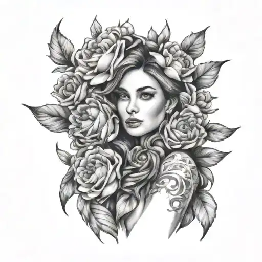 Create A Black And Grey Portrait Of A Mother Holding A Bouquet Of Her Favorite Flowers