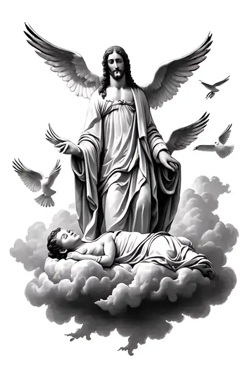 Jesus Statue With Doves Flying In The Clouds With A Baby Angel Sleeping On A Cloud