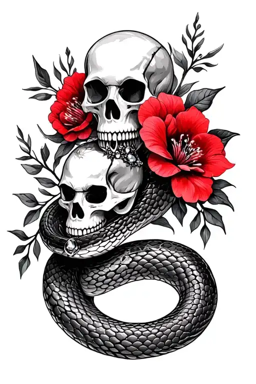 Snake And Red Flowers With A Skull And Jewels