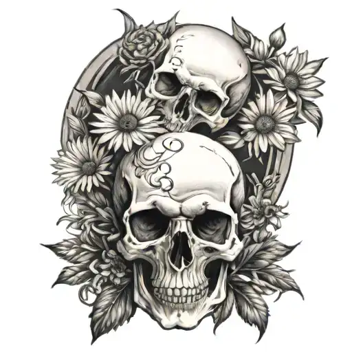 Masculine Skull On Bed Of Daisies Growing