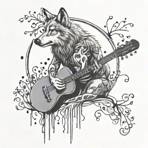 A Wolf Playing A Guitar In A Forest Setting With Musical Notes Floating In The Air