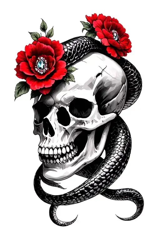 Snake And Red Flowers Wrapped Around Skulls And Jewels