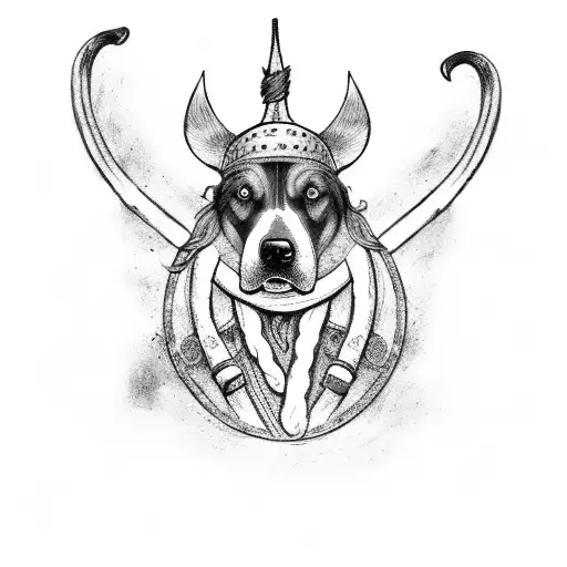 A Black And Grey Tattoo Depicting A Brave And Rustic Viking Dog Standing Tall In A Forest