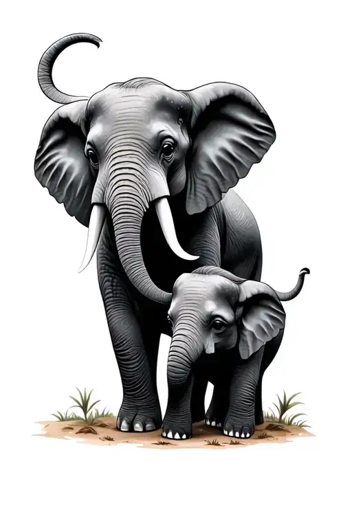 1 Kid Elephant And An Adult Elephant Holding Trunks