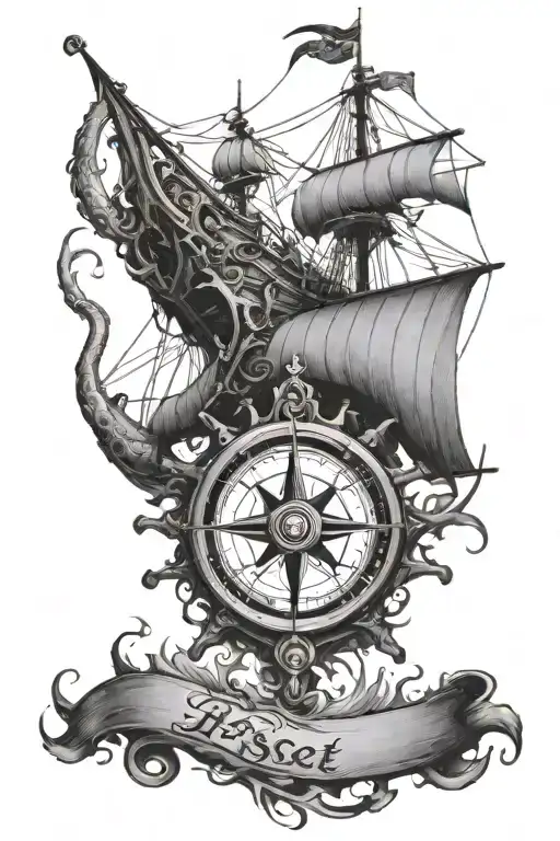 Kracken Wrecking Ship With A Giant Compass And The Word Lost Somewhere Sleeve