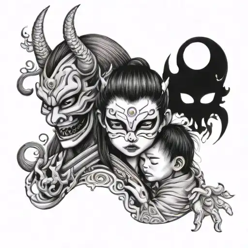 Japanese Girl In Demon Mask With Child Holding Hands