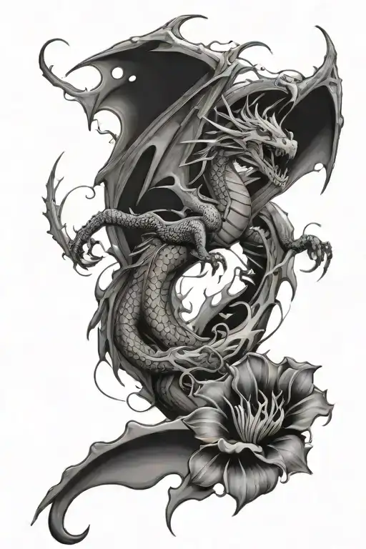 European Dragon Flying With Violets And Lightning Strikes