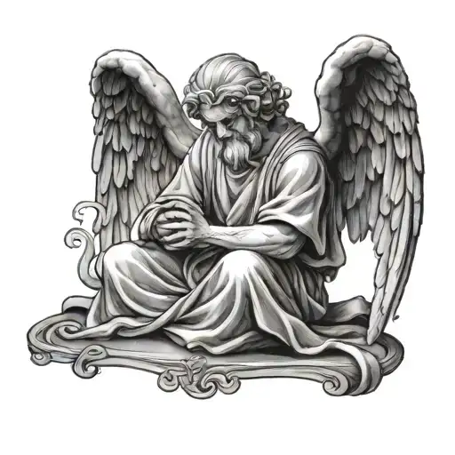 An Angel Figure Sitting Down And Praying Looking Down