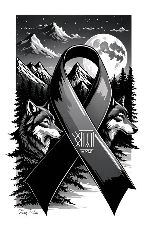 Cancer Ribbon Symbolizing Transformation With Moonlight Woods And Mountains Wolves Xi Iii Mmxxiii