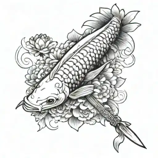 Koi Fish Mixed With Chrysanthemum And An Old Styled Sword Around