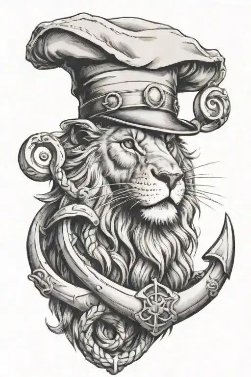 A Tattoo Of A Lion Wearing A Chef's Hat And Holding A Ship's Anchor