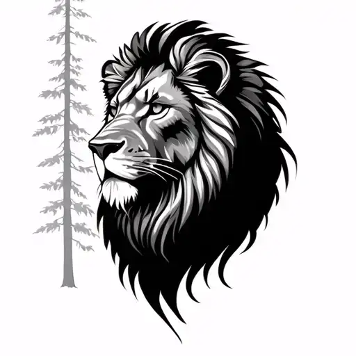 Lion Head With Trees In Background Black