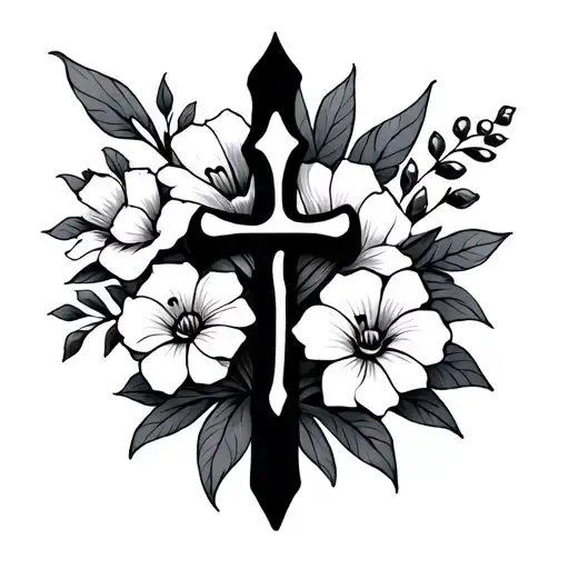 Fine Line Cross With Flowers And Three 3S